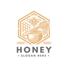 Honey logo label concept with bee symbol and honey. Vector illustration isolated on white background.