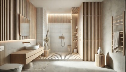 Scandinavian minimal wet room with light woods, clean lines, and functional design. Generative AI