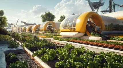 A futuristic agriculture expo showcasing the latest in farming technology