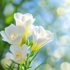 White flowers bloom, garden background, sunny day, nature beauty, greeting card