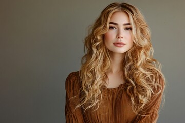 Beautiful blonde woman with long, curly hair in a brown dress