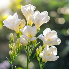 White freesia flowers blooming in garden sunlight