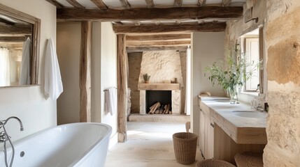 A large bathroom with a white bathtub and a fireplace. The fireplace is surrounded by wood and there are several potted plants in the room