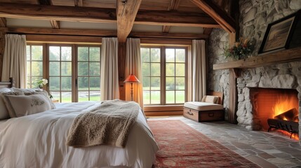 A large bedroom with a fireplace and a bed. The room has a cozy and warm atmosphere. The bed is covered with a white comforter and a brown throw blanket. The room also has a rug and a chair