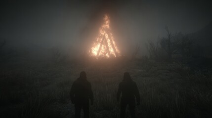 Two Figures Witnessing a Fiery Night Ritual in Fog