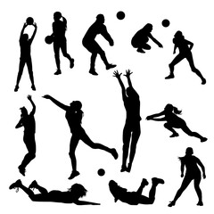Vector Set of Volleyball Players Silhouettes Illustration, Female volleyball player, Isolated On White Background