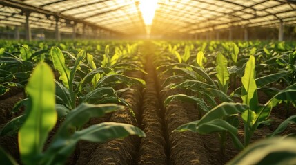A modern banana plantation with organized rows of healthy plants
