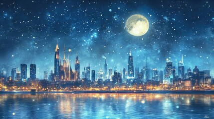 Fototapeta premium Enchanted Metropolis: A Nighttime Cityscape Under a Magical Moon and Starry Sky