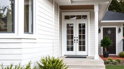 Elegant White House Exterior with French Doors and Landscaping. Modern home design, real estate photography, perfect for showcasing luxury homes and architecture.