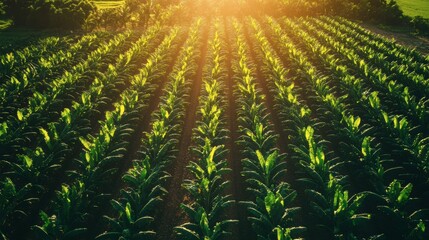 A modern banana plantation with organized rows of healthy plants
