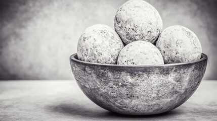 Serene Still Life: Four Textured Spheres in a Rustic Bowl