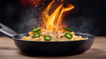 Flaming mac and cheese delight kitchen food photography culinary art close-up gastronomic experience