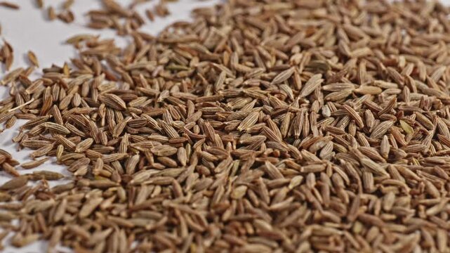 cumin seeds falling on white surface and bouncing, 4k, stable shot