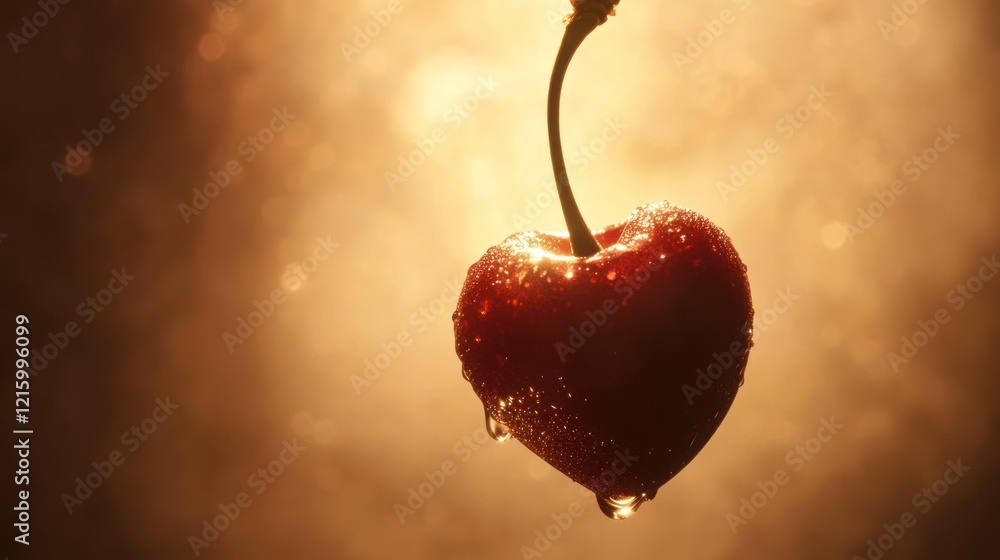 Canvas Prints Single red cherry with water droplets, backlit by warm light.