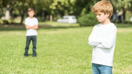 Obraz premium Upset Boy Ignoring Friend in Park Setting