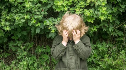 Upset Child Hiding in Green Foliage Outdoors