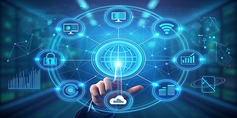 Hand pressing button on a touch screen interface symbolizing digital communication and connection