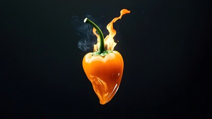 Fiery ghost pepper ignited by flames captured in mid-air stunning visual art dark background high-impact photography