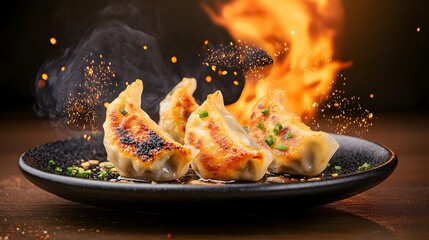 Dynamic portrayal of floating spicy gyoza culinary showdown kitchen food photography close-up flavor explosion