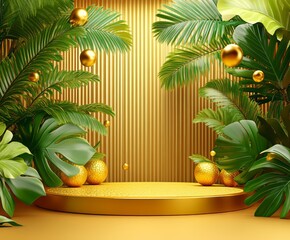 Golden product podium with tropical plants and golden spheres 3D rendered stage display