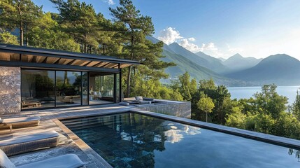 Naklejka premium A large house with a pool and a view of the mountains. The house is surrounded by trees and the pool is in the middle of the yard