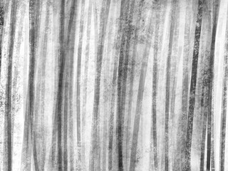 Monochromatic abstract pattern resembling vertical streaks or tree trunks, with a textured and layered grayscale design, creating a misty forest-like ambiance