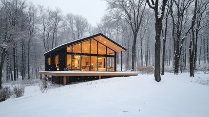 A house with a large glass window and a slanted roof. The house is surrounded by trees and snow