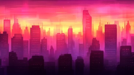 Fototapeta premium Vibrant Cityscape Sunset Silhouette Digital Painting