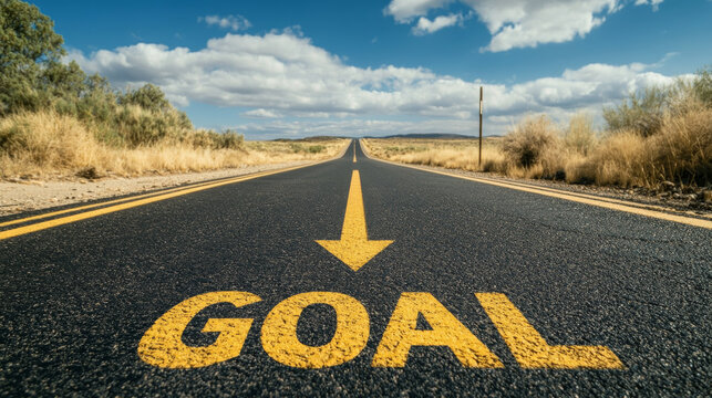 A long empty road with clear skies stretches to the horizon, highlighting the word GOAL with a directional arrow, symbolizing ambition, direction, and achieving success.