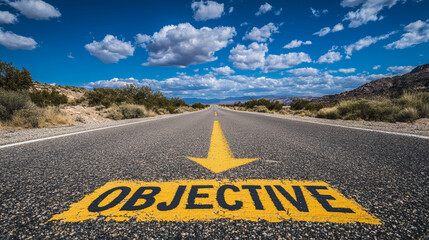 Yellow arrow and the word objective painted on a road symbolizing guidance and direction in a scenic desert landscape under a clear blue sky.