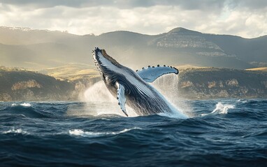 Fototapeta premium Majestic Humpback Whale breaching ocean surface with mountain backdrop during golden hour light
