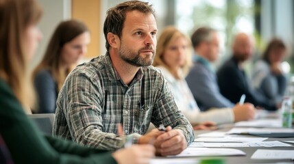 A farmer participating in a sustainability workshop at an agricultural conference