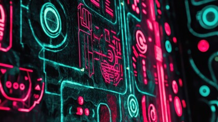 Obraz premium Abstract Cyberpunk Digital Interface: Neon Lights and Glowing Circuits