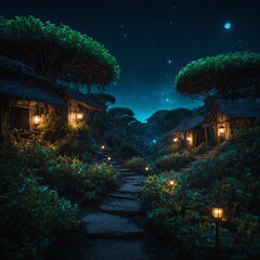 A hidden village surrounded by bioluminescent plants and glowing lanterns.