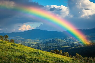 A rainbow over a serene countryside, where the vibrant colors arc across the sky, creating a magical and hopeful scene.