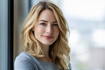 Close-up portrait of a beautiful, smiling blonde woman 
