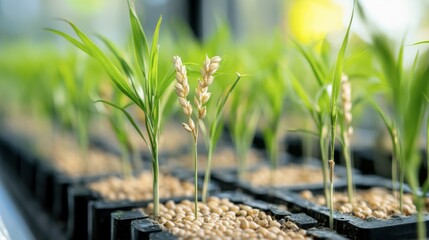 A group of scientists developing drought-resistant crop varieties in a lab