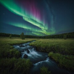 A serene moonlit meadow with a gentle waterfall under an aurora-filled sky.
