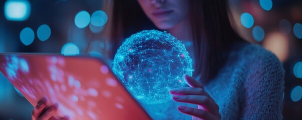 Female hands with digital tablet. Young woman working remotely at home. Concept of networking or remote work. Global business network. Online courses., Generative AI