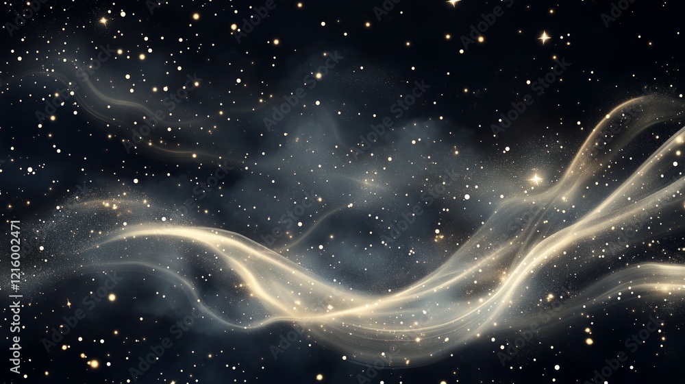 Poster golden energy waves flowing through sparkling starry outer space with copy space
