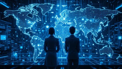 Global Network Technology: Businesspeople Observing a Futuristic World Map Display on a Large Screen