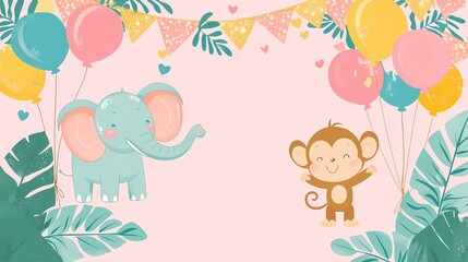 Cute elephant and monkey with balloons and party flags on pink background for kids birthday