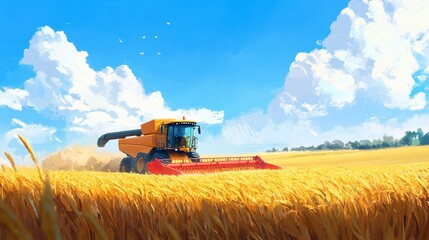 A modern combine harvester working in a golden cornfield under the blue sky