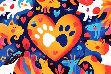 Colorful illustration of dogs and hearts with a large paw print heart in the center
