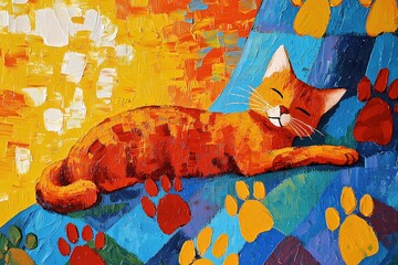 Orange cat sleeping on blue blanket with paw prints in an abstract oil painting style