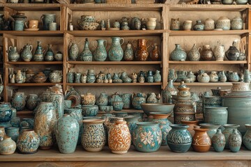 A rustic pottery shop with a display of handmade pottery, each piece showcasing the skill and artistry of local artisans