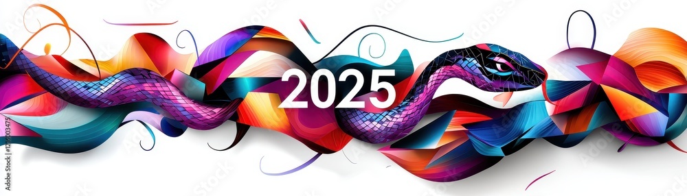 Poster bold geometric minimalistic design with colorful snake elements for 2025 themes