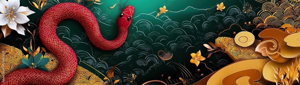 Poster modern design showcasing a decorative snake with floral elements and abstract patterns