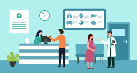 Patients and doctor in hospital lobby. Medic appointment in clinic. Medical center reception interior. Flat vector illustration