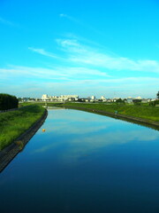 Fototapeta premium 初夏の夕方の釣り人のいる坂川放水路風景